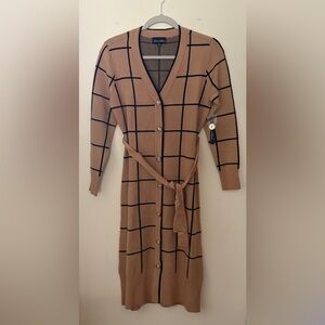 Elegant Tan Grid Long Sleeve Dress